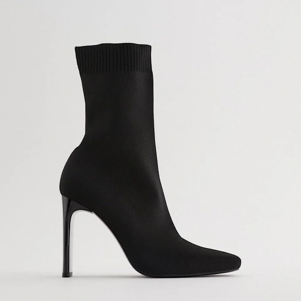 Zara Trafaluc Black Stretchy Sock Mesh Pointed Toe Ankle Boot Stiletto Heels - Picture 6 of 16